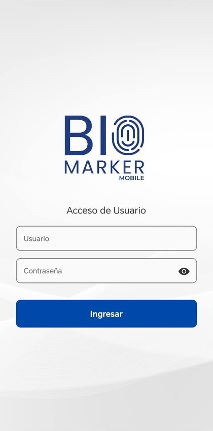 Pantalla de acceso de BioMarker Mobile con usuario y contraseña