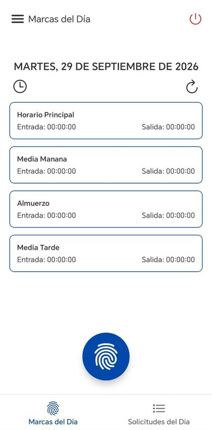 Pantalla Marcas del Día con los horarios de entrada y salida y el botón para marcar