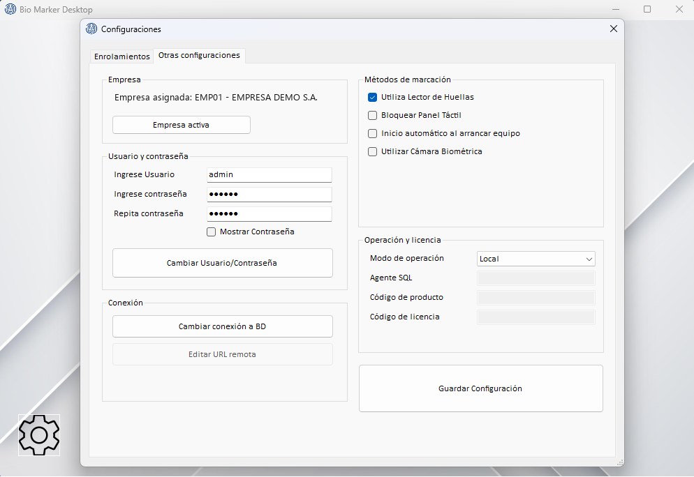 Pestaña Otras configuraciones: empresa, usuario, conexión, métodos de marcación y modo de operación