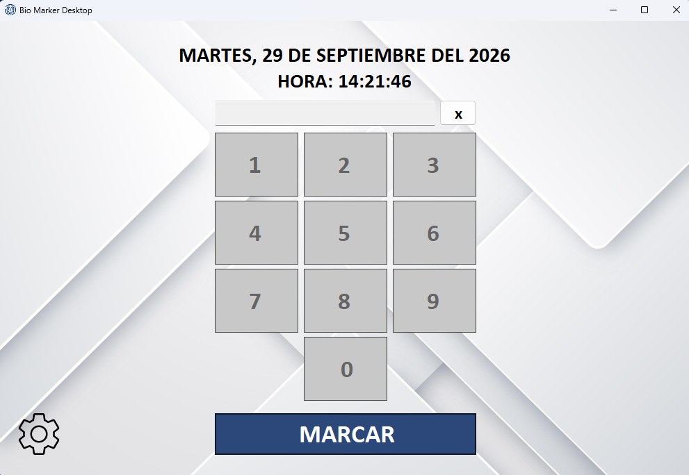 Pantalla principal de Biomarker Desktop con fecha, hora, teclado numérico y botón Marcar