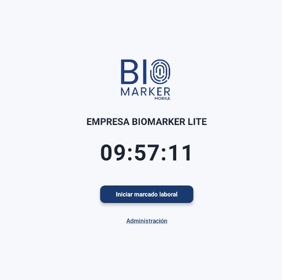 Pantalla principal de BioMarker Lite en una tablet: reloj en hora y botón Iniciar marcado laboral
