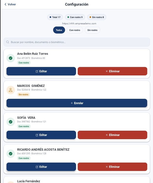 Lista de personal de BioMarker Lite con filtros por rostro registrado y botones para enrolar, editar o eliminar