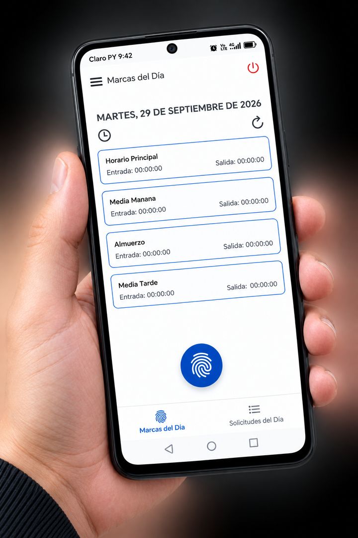 Mano sosteniendo un teléfono con la pantalla Marcas del Día de BioMarker App